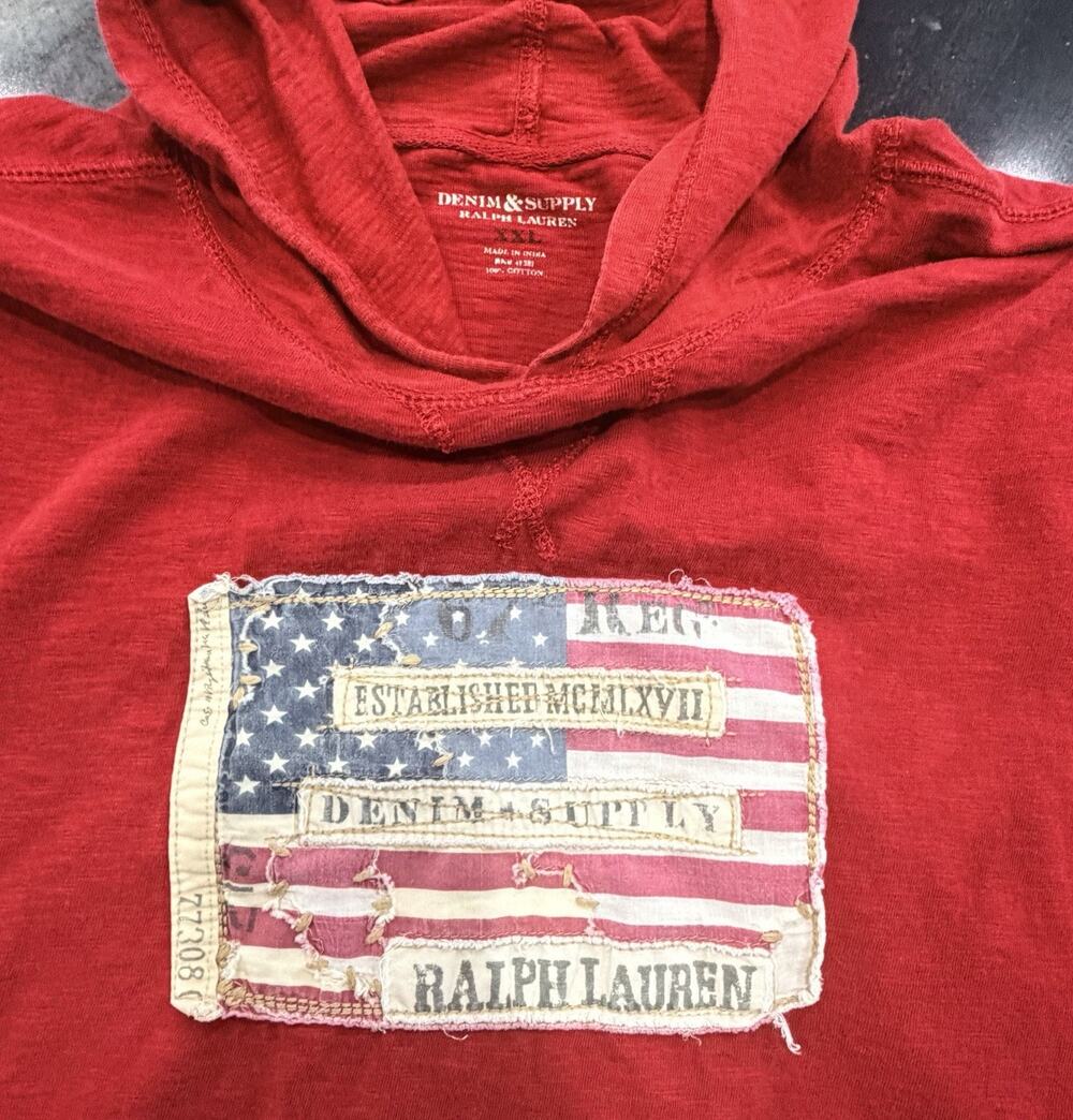 Denim & Supply Ralph Lauren Red Flag Patch Hooded T-Shirt Hoodie XXL USA Cotton